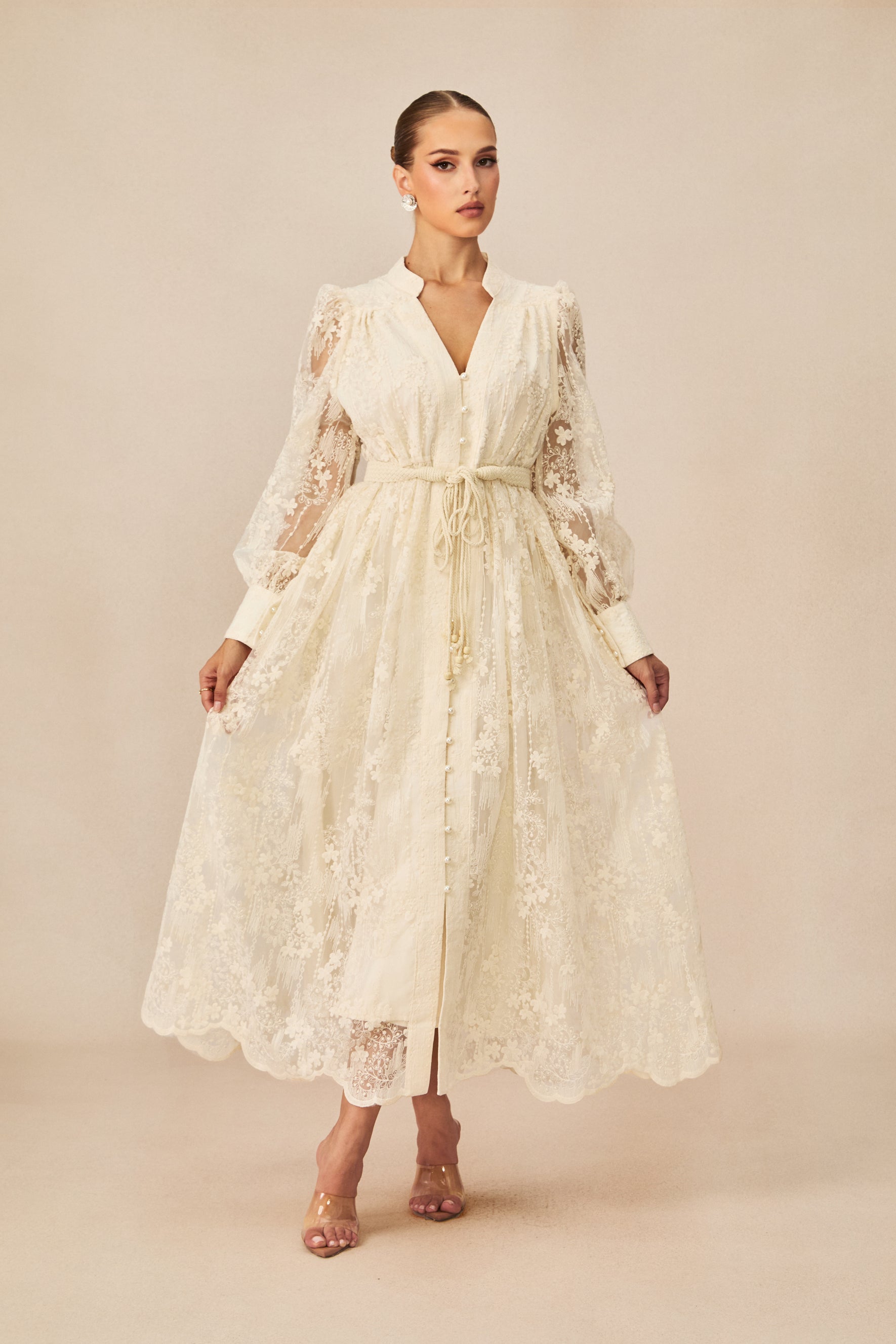 Madeline V-Neck Lace Embroidered Midi Dress