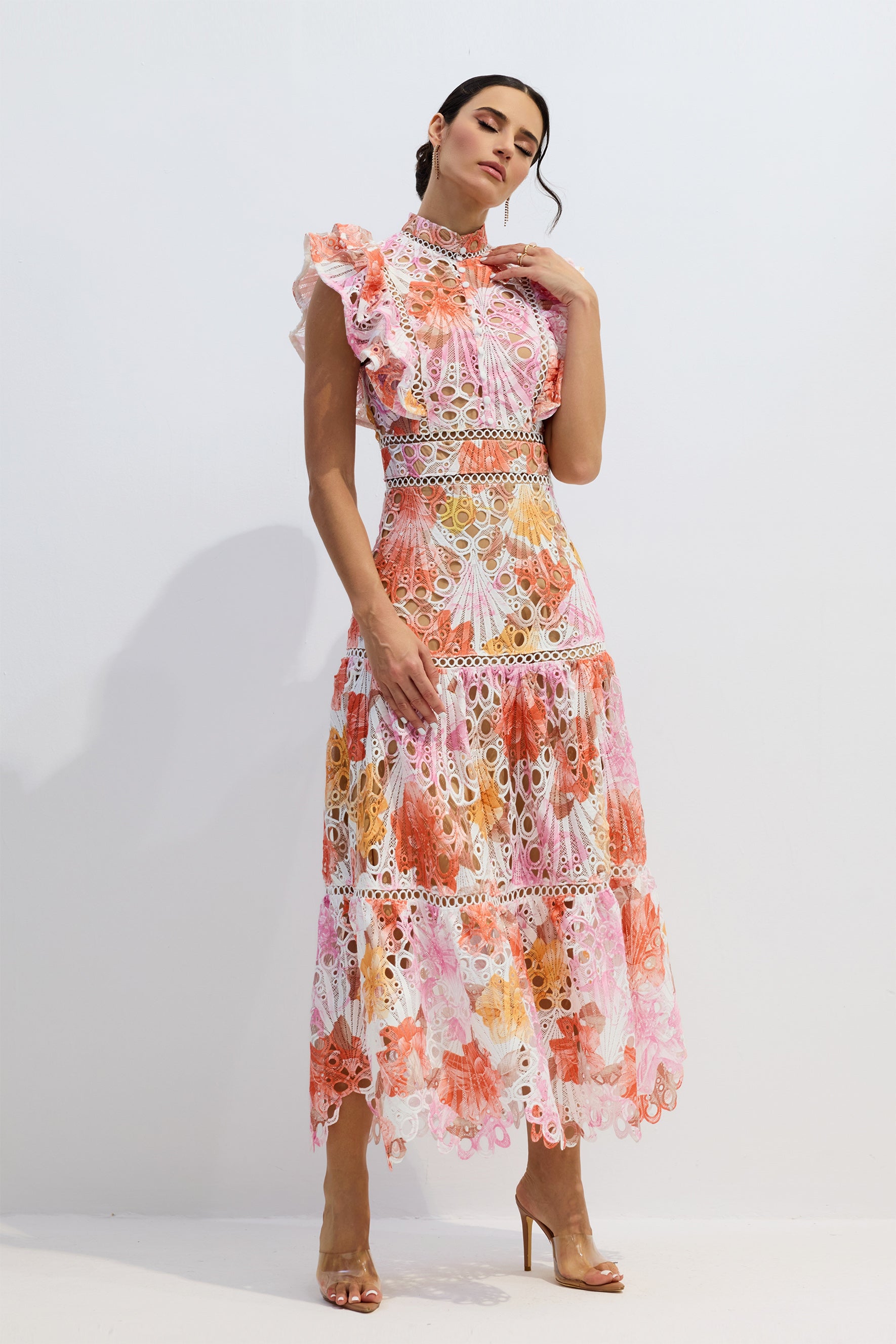 Hilda Print Lace Embroidered Maxi Dress