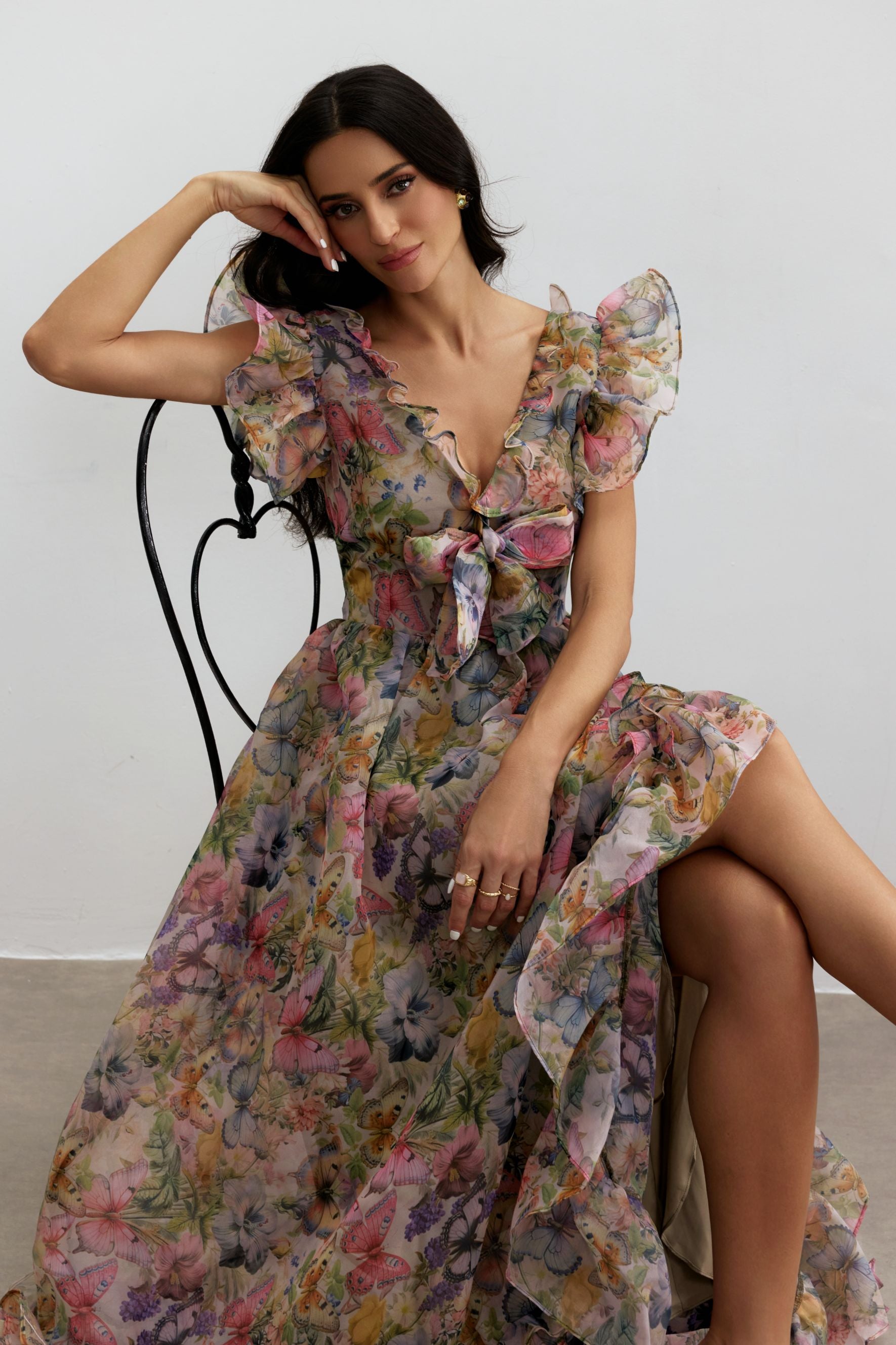 Sarah Butterfly Print Ruffle Chiffon Maxi Dress